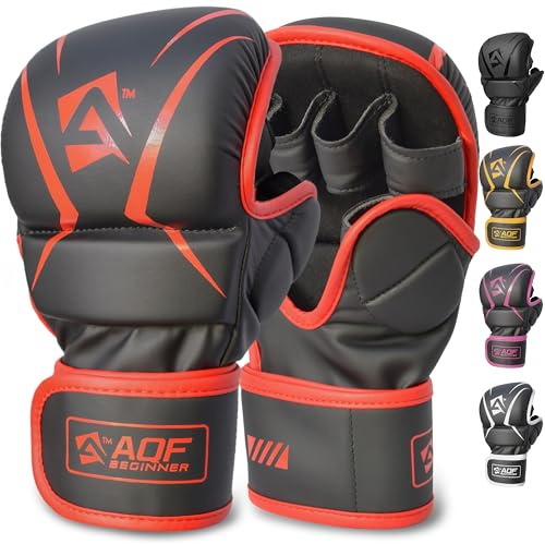 AQF Hybrid MMA Gloves for Sparring & Grappling, Open Palm Shooter Design, Enhanced Wrist Support, Shock-Absorbing Padding, Lightweight and Durable for Training, Kickboxing, Muay Thai (Red, L/XL)