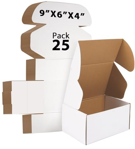 MAGICTAILL 9x6x4 inches Shipping Boxes Set of 25, Small Corrugated Cardboard Box, Literature Mailer, Gift Boxes (White, 9x6x4)