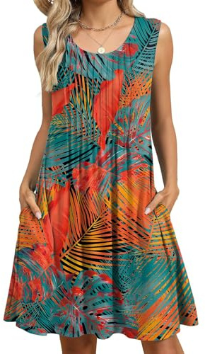 FUNSEED Robe d'été pour femme, robe d'été ample à col rond sans manches, robe longue débardeur fluide imprimée avec poche, Feuilles et fleurs, Taille XL