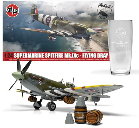 Airfix Model Set - A17001A Supermarine Spitfire Mk.IXc - Flying Dray Model Aircraft Kit - Plastic Plane Kits for Adults, Set Includes Special Edition Pint Glass - 1:24 Scale