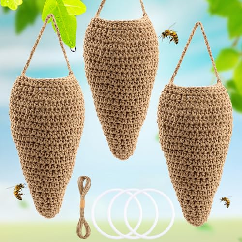 3 Pack Large Crochet Wasp Nest Decoys, Fake Hornet Nest, Hanging Faux Bee Hive for Outdoor Patio, Eaves, Orchard, Garden Decoration
