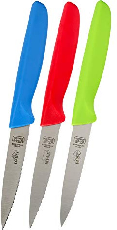 The Kosher Cook Kitchen Knife 3-Piece Set - 4 inches - Steak and Vegetable Knife - Razor Sharp Pointed Tip, Serrated Edge - Color Coded Kitchen Tools