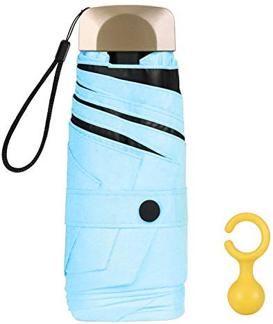 Vicloon Mini Ombrello Tascabile Con Manico Dorato - Nervature in Lega di Alluminio, Portatile Compatto Pieghevole da Viaggio, UPF 50+ da Sole/Pioggia - Azzurro
