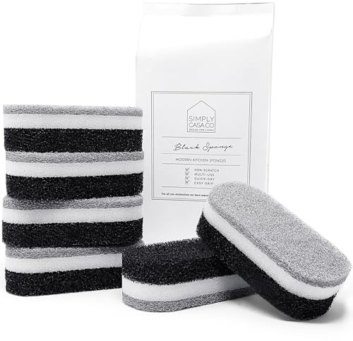 SIMPLYCASA Kitchen Dish Cleaning Sponges - Pack of 6 | Non-Scratch & Fast-Drying | Reusable Scrubbers for Kitchen & Household Use | Stylish Black & White Design