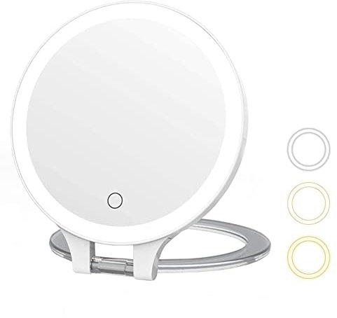 MYIAMO Schminkspiegel mit 10-facher Vergrößerung und Lichtern - Doppelseitig Beleuchteter Kosmetikspiegel mit 3 Lichtfarben, Tischspiegel mit Verstellbarem Klappgriff, Weiß