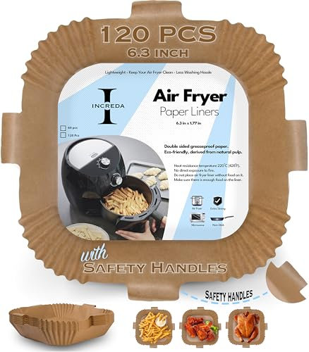 INCREDA Disposable Air Fryer Liners - 120 PCs of 6.3 Inch Square Air Fryer Paper Liners, Food Grade Reusable Airfryer Liners, Greaseproof Liners for Air Fryer Baskets, Microwave & Oven