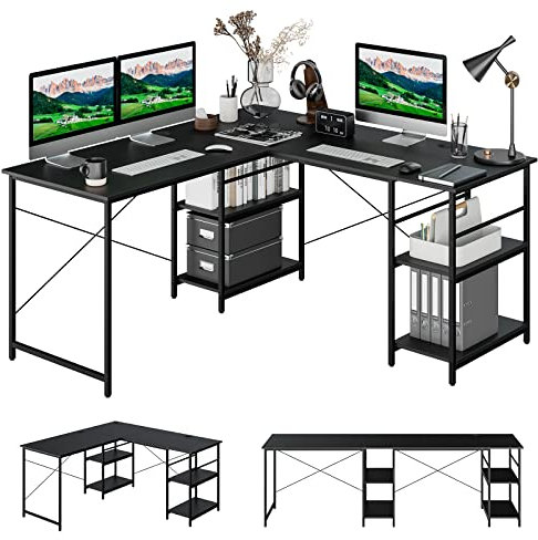 COSTWAY Escritorio de Ordenador en Forma de L, 3 Orificios para Cables, 4 Estantes, 2 Formas, Mesa de Trabajo de 2 Personas,Mesa Escritorio Esquina Gaming, 242x60x75cm (Negro,Estante)