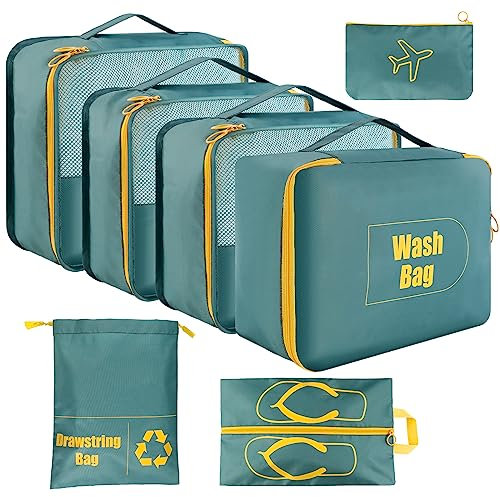 AiQInu Koffer Organizer Set 7-teilige Wasserfester Packwürfel Kofferorganizer Packtaschen Set Packing Cubes Schuhbeutel Kleidertaschen für Koffer
