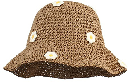 Meliyya Cappello di paglia da donna, pieghevole, regolabile, estivo, in paglia, cappello da sole con fiori, cappello da spiaggia a tesa larga, cappello estivo, A-kaki, Taglia unica