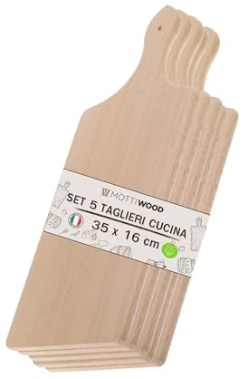 Set 5 Taglieri da Cucina con Manico, 100% Legno Faggio, Perfetto per Tagliare e Servire, Dimensioni 35x16x2hcm, Alta Resistenza, Made in Italy