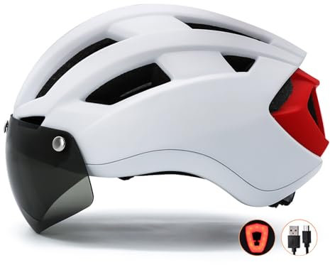 Fahrradhelm mit USB LED Licht,Fahrradhelm Herren Damen mit Abnehmbarer Magnetische Schutzbrille,Erwachsene Radhelm Einstellbarer Atmungsaktiv Sicherheitsschutz MTB Helm,Erwachsene Radhelm (Weiß)