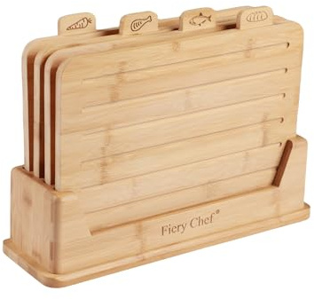 Fiery Chef 12.6L x 9W Bamboo Cutting Board Set of 4 - Wood Cutting Board Set with Holder, Chopping Boards Set with Food Icons, Juice Groove - Ideal for Meat, Fish, Bread, Vegetable, Fruit Chopping
