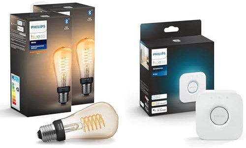 Philips Hue White, lot de 2 ampoules connectées filament format Edison, compatible Bluetooth + pont de connexion, fonctionne avec Alexa, Google, et Apple Homekit