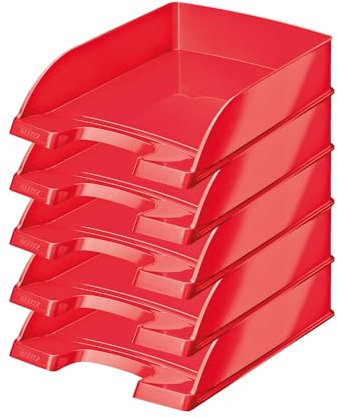 Leitz WOW Briefkorb A4, 5er Pack, Briefablage in Premium-Qualität, Stapelbares Ablagefach als Schreibtisch-Organizer, Ideal für Büro, Home Office & Schule, Rot, 52263023