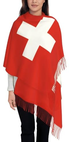 Pashmina-Schal – Neuartiger, Mit Kreuz Bedruckter, Warmer, Langer Winterschal, Weicher Schal Mit Quaste Und Schweizer Flagge, Modischer Hippie-Schal Für Damen Und Mädchen, Schweiz, Einheitsgröße