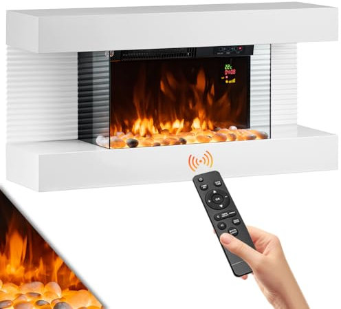 BAKAJI Camino Elettrico a Muro Saint Moritz con Cornice Bianca 2000W, Caminetto Silenzioso con Telecomando, Stufa a Parete Effetto Fuoco Realistico, Termostato Digitale, Protezione Surriscaldamento