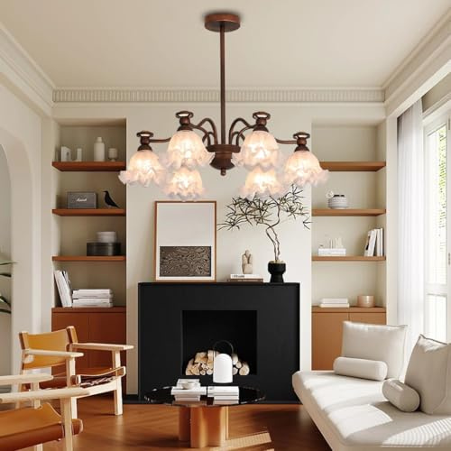 VTAMng Vintage Kronleuchter aus Glas bronzefarbene Deckenlampe Lampenschirm in Blumenform antikes Metall Pendelleuchte geeignet Bauernhaus Restaurant Küche Wohnzimmer Eingangshalle Schlafzimmer Hängel