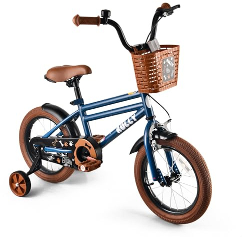RULLY Bicicleta para niños de 12 pulgadas, color azul, para niños de 2 a 4 años, con estabilizadores, freno de contrapedal y freno de mano, cesta, marco de acero ligero, bicicleta para principiantes