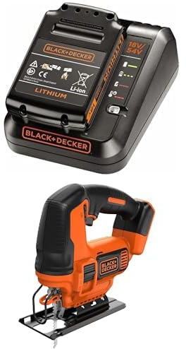 Lot BLACK+DECKER : Kit de Démarrage Powerconnect 18V (Batterie 2,0Ah + Chargeur Rapide 2A, BDC2A20-QW) + Scie Sauteuse Pendulaire sans Fil 18V (BDCJS18N-XJ)