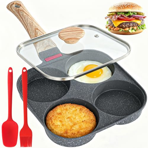 MUETKNYE Pancake Pan with Lid 4 Cup Egg Pans Nonstick Omelette Pan for Breakfast, Egg Sandwich, Hamburger, Pancake Suitable for Gas Stove & Induction Cookware