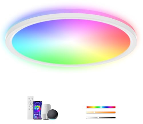 Rawhui 24W Plafonnier LED Dimmable,Plafonnier LED RGBIC,IP44 2400LM Luminaire Plafonnier,3000K-6500K,Plafonnier avec Télécommande et Contrôle APP,pour Chambre à Chambres, Salons, Couloir, Cuisine