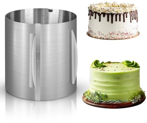 BUCOMTU Anello per Torte Regolabile, Stampi per Torte Rotondo 20 cm di Altezza Ø 16-30 cm, 2 Clip di Fissaggio, Per Cottura, Decorazione e Torte in Mousse Decorazioni