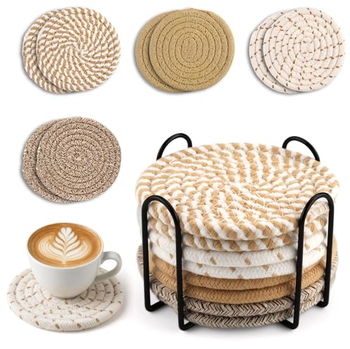 Wozzies 8 Piezas Posavasos Redondos, Posavasos Originales, Coasters for Drinks, con Soporte, Antideslizantes de Algodón Trenzado, Adecuado para Todo Tipo de Tazas