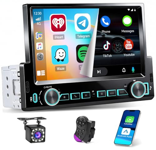 Hikity Radio Coche Bluetooth 1 DIN con Carplay Android Auto inalámbrico, Radio 1 DIN con Pantalla Táctil de 7 Pulgadas, Lien Miroir, Radio FM, Tipo-C + USB, SWC, EQ, Cámara Trasera