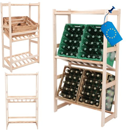 MODO24 Kombiregal Holz 124,2x70x33cm, Standregal aus Kiefer Massivholz mit 1 Flaschenablage & 2 Kistenböden, vielseitiges Allzweckregal Vorratsregal für Keller Küche, Ordnungssystem, Natur