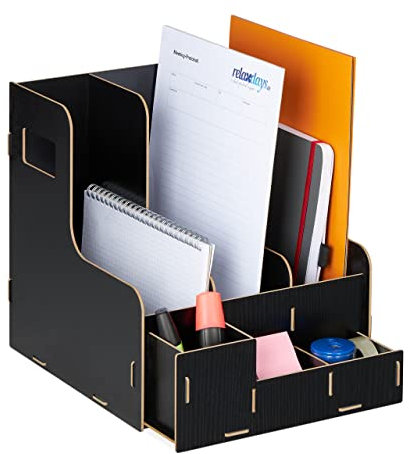 Relaxdays Stehsammler, 3 Schuber, DIN A4, mit Schreibtisch Organizer, Büro & Schule, Zeitschriftensammler, MDF, schwarz