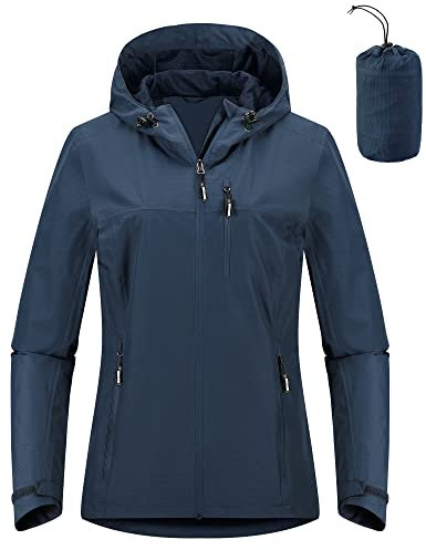 Outdoor Ventures Damen Regenjacke 10000MM Wasserdicht Leichte Gefüttert Packbar Sportjacke Funktionsjacke Atmungsaktiv Fahrrad Jacke mit Kapuze Standard Blau L