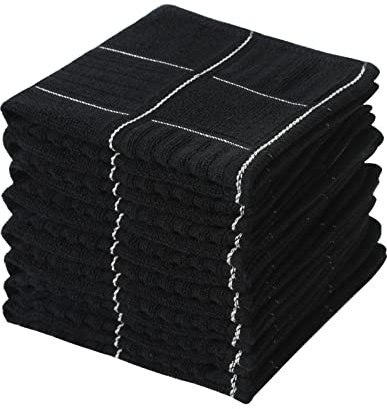 Glynniss Lot de 8 chiffons super absorbants en coton éponge pour cuisine, lavage de la vaisselle, noir, 30,5 x 30,5 cm