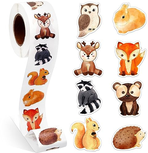 Qeeenar 1 Roll Forest Animal Stickers Decal Reward Cute Office Supplies Incentives Animals Sticker Woodland Party Favor, 500 Pcs Each Roll