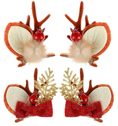 TIESOME Horquillas para el pelo de Navidad, 4 piezas de accesorios para el cabello de Navidad, bonitos cuernos de reno, diadema, orejas, accesorio para el cabello, horquillas para mujeres, niñas,