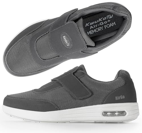 KWUKOTY Men's Diabetic Shoes | Air Cushion | Slip-On | Adjustable Sneakers | Lace-Free | Plantar Fasciitis/Edema/Swollen Feet/Bunions | Grey Size 10