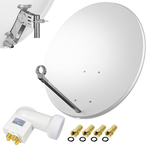 80cm Spiegel Schüssel Stahl + Logisat Quad LNB | 4 Teilnehmer SAT Anlage HD Digital Set hellgrau | DVB-S/S2 Full HDTV 3D 4K Ultra HD UHD Empfang