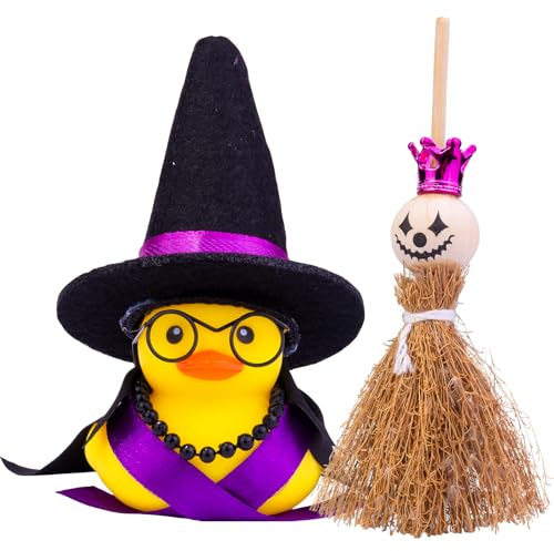Mwmoeen Auto Gummi Ente Ornamente Halloween Ente Auto Armaturenbrett Dekorationen mit Mini Hexenhut Besen Sonnenbrille Halskette Halloween Zubehör (C)