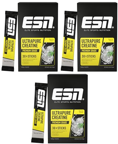 ESN Ultrapure Creatine Monohydrate Sticks, 3 x 30 Sticks, 90 Portionen, Neutral, Creatin Pulver, mikrofein & perfekt löslich, vegan - made in Germany