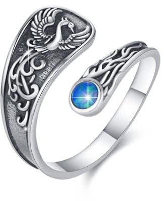 Waysles Phoenix Ring Women's 925 Sterling Silver Spoon Ring with Blue Opal Adjustable Open Animal Nirvana Phoenix Jewelry Gift Christmas Birthday