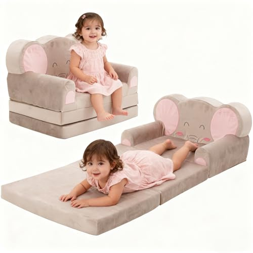 EULEUY Kids Play Sofa Bed 2-in-1,Modular Toddler Armchair,Convertible Baby Mini Fold Out Couch Lounger Set for Playroom & Bedroom,Kids Furniture,Birthday Gift for Girls Boys,Grey Elephant