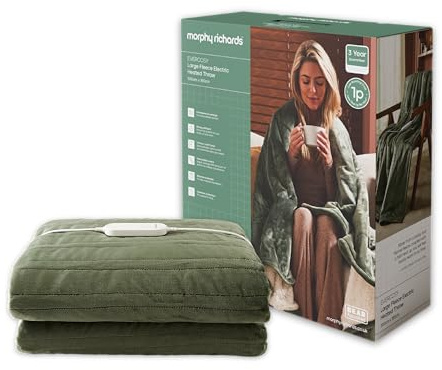 Morphy Richards EverCosy Fleece Electric Heated Throw Large, 200x180cm, 9 Heat Settings, Detachable, Teddy Fleece and Flannel Fleece, Overheat Protection, Green, 610004