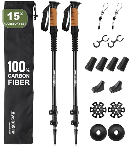 Carbon Wanderstöcke Teleskop Walking Stöcke für Damen und Herren - Ultraleichte Trekkingstöcke mit Korkgriff | Verstellbar 64.5–135 cm | für Nordic Walking & Skitouren