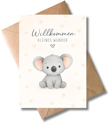 WBdesignz Geburtskarte „Willkommen kleines Wunder“ mit Umschlag - mit niedlichem Koala Motiv - süße Glückwunschkarte, unisex Babykarte zur Geburt für Mädchen & Jungen, Neugeborene, Eltern (DIN A6)