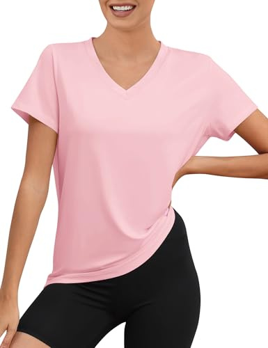 Rapbin Sportshirt Damen V Ausschnitt Kurzarm, UPF 50+ Leichtes Funktionsoberteil Atmungsaktiv Schnell Trocknend für Lauf Fitness Yoga(Hellrosa,L)