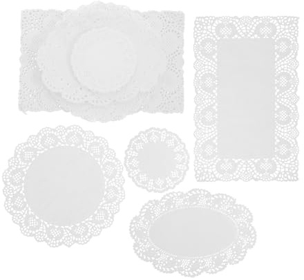Veemoon Papel para Hornear Pasteles Desechable 400 Piezas Tapetes Encaje Absorbe Aceite 4 Tamaños (redondo 11.4cm y 21.6cm, Ovalado 16x23.5cm, Rectangular 19x30cm) para Cocina, Repostería