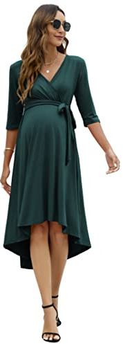 KOJOOIN Abito Premaman da Donna Abito da Allattamento Festivo Scollo a V Maniche a 3/4 Abito da Gravidanza con Cintura in Vita Verde Scuro (Manica 3/4) XL