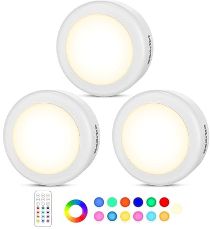 Under Cabinet Lights RGB Wireless Lights LED Closet Lights Night 3000K Dimmable 3pc Cadrim 13 Colors Changing Remote Control Brightness Adjustable Timer Battery Powered Light Kitchen Wardrobe Cupboard