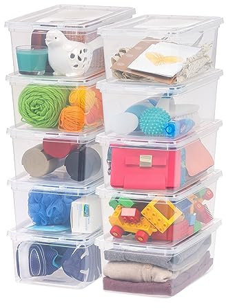 Iris Ohyama Versatile Storage Boxes, 5L, Set of 10, Clear, Easy Latch, Stackable, Transparent Plastic, For Closet, Shelves, Classroom, Organisation, Toys, Art Supplies, Shoes, CNL-5