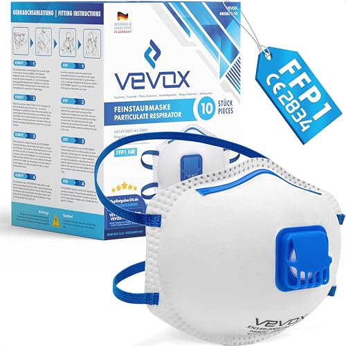 VEVOX® FFP1 Dust Mask - Set of 10 - Valved Face Masks - Respirator - Protection e.g. for Construction, Building Work, Sanding, Woodworking, Fine Dusts, Aersoles or Particles