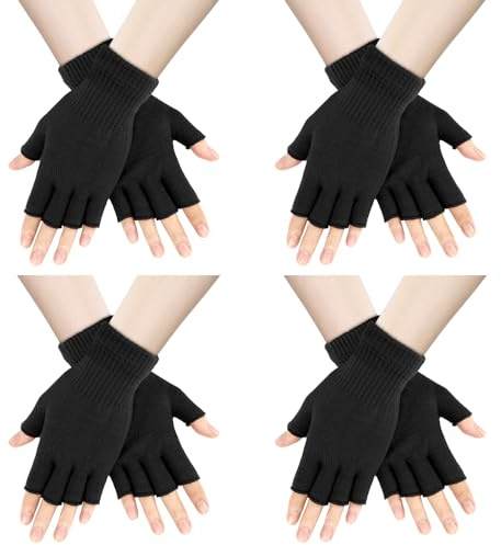 AURUZA 4 Pairs Half Finger Winter Gloves - Knit Fingerless Gloves for Men & Women (4 Black)